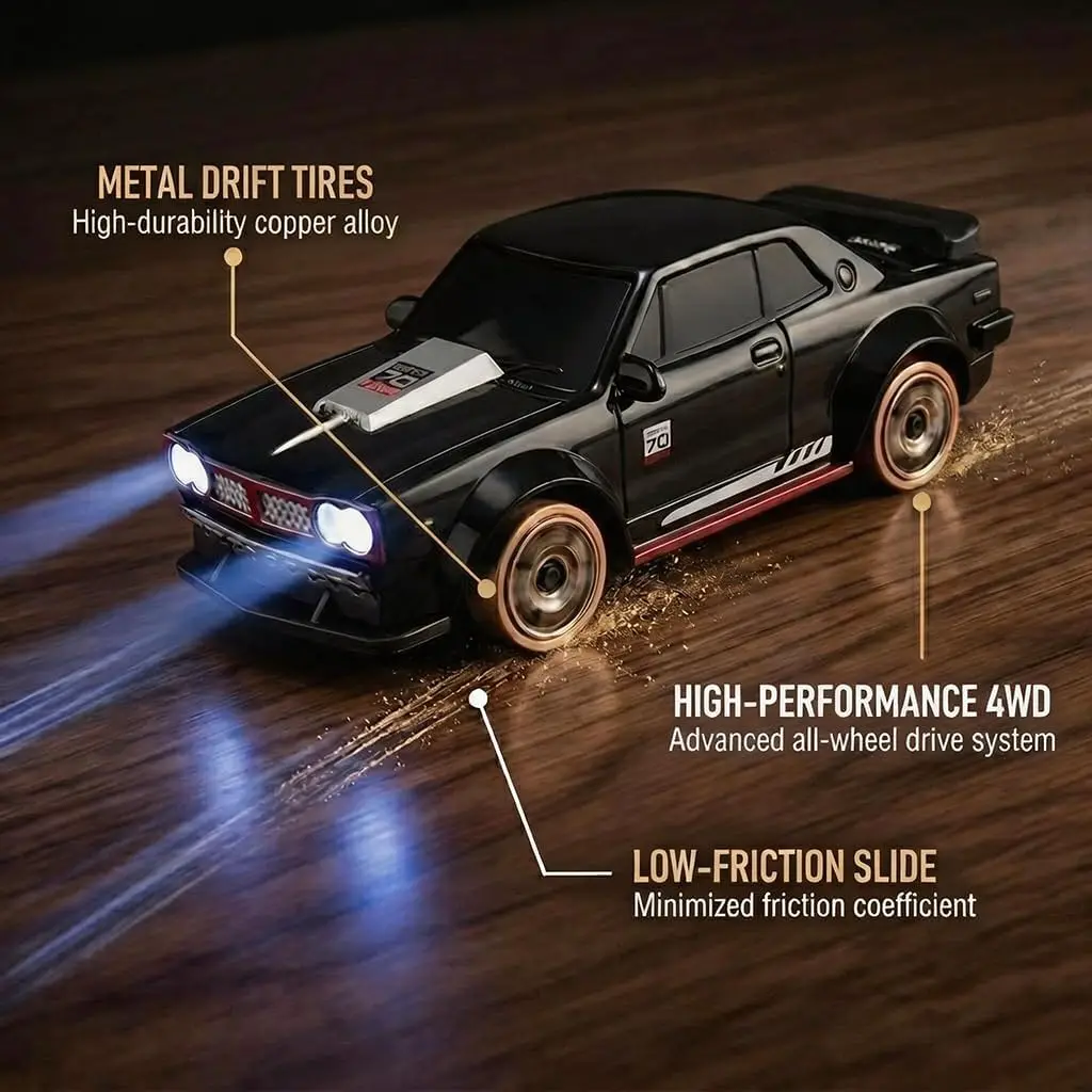 1:64 Scale 4WD RC Drift Car with Copper Tires, ESP Gyroscope, Magnetic Charging Dock, Proportional Servo, Type-C Fast Charging, LED Lights - Perfect Gift for Beginners & Collectors (Black)