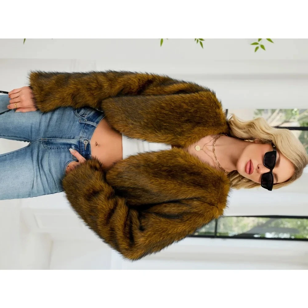 

Trend Cropped Fur Jacket Women Fluffy Soft Faux Fur Coat Luxury Brand Long Sleeve Top Design Streetwear Short Cardigan Outerwear