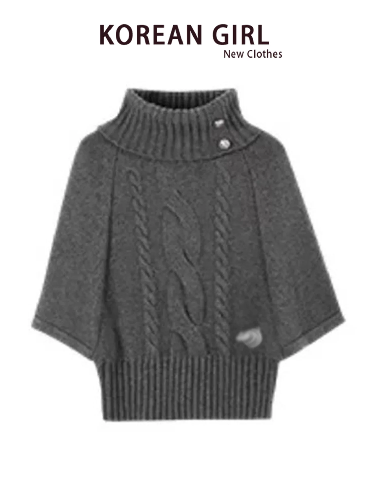Gray Knitted High Collar Sweater Women's Short Loose Batwing Sleeve Autumn Winter Korean Style Lazy High-End Feeling Top