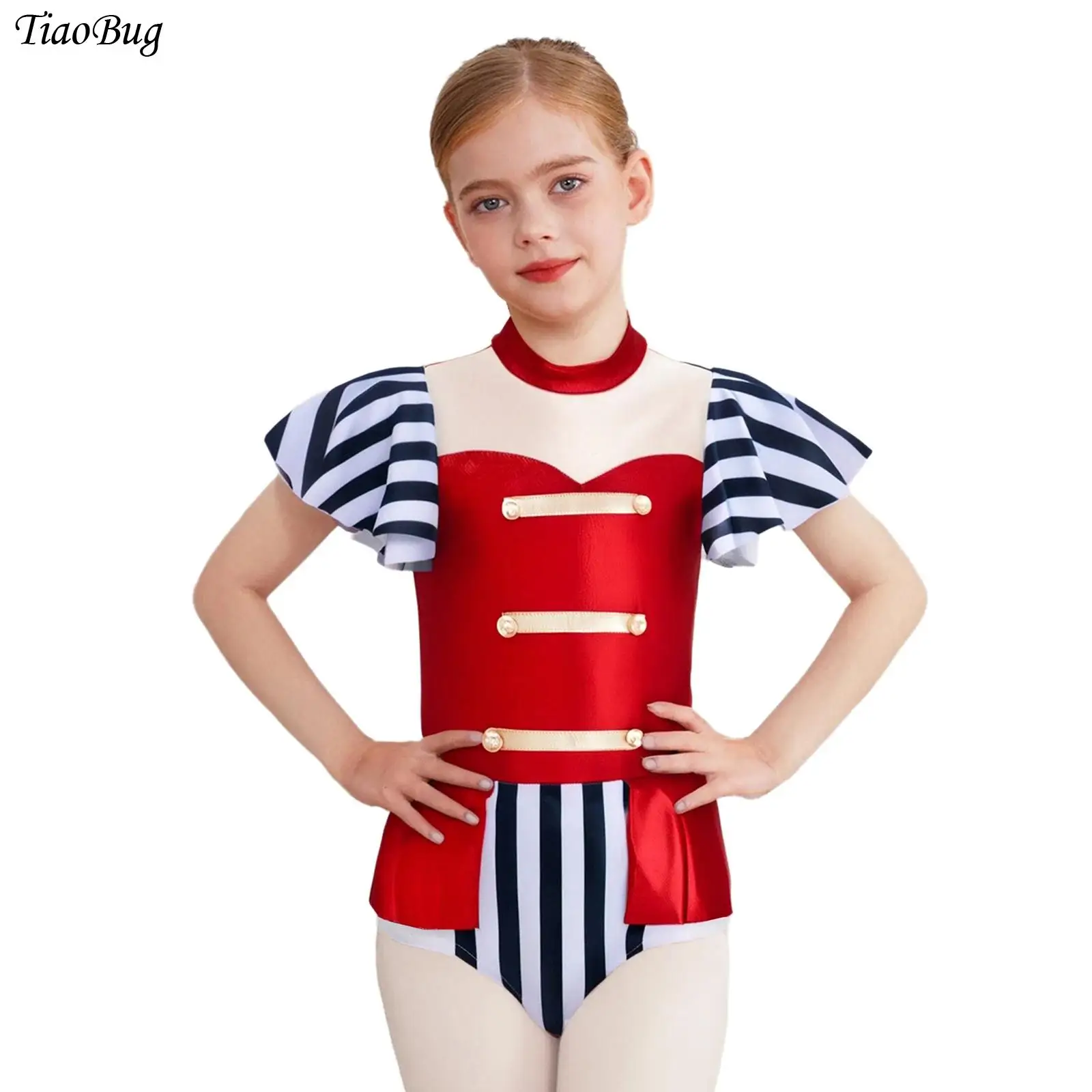 

Girls Circus Ringmaster Jumpsuit Short Sleeve Metallic Ruffle Leotard Bodysuit Halloween Lion Tamer Magician Drummer Costumes