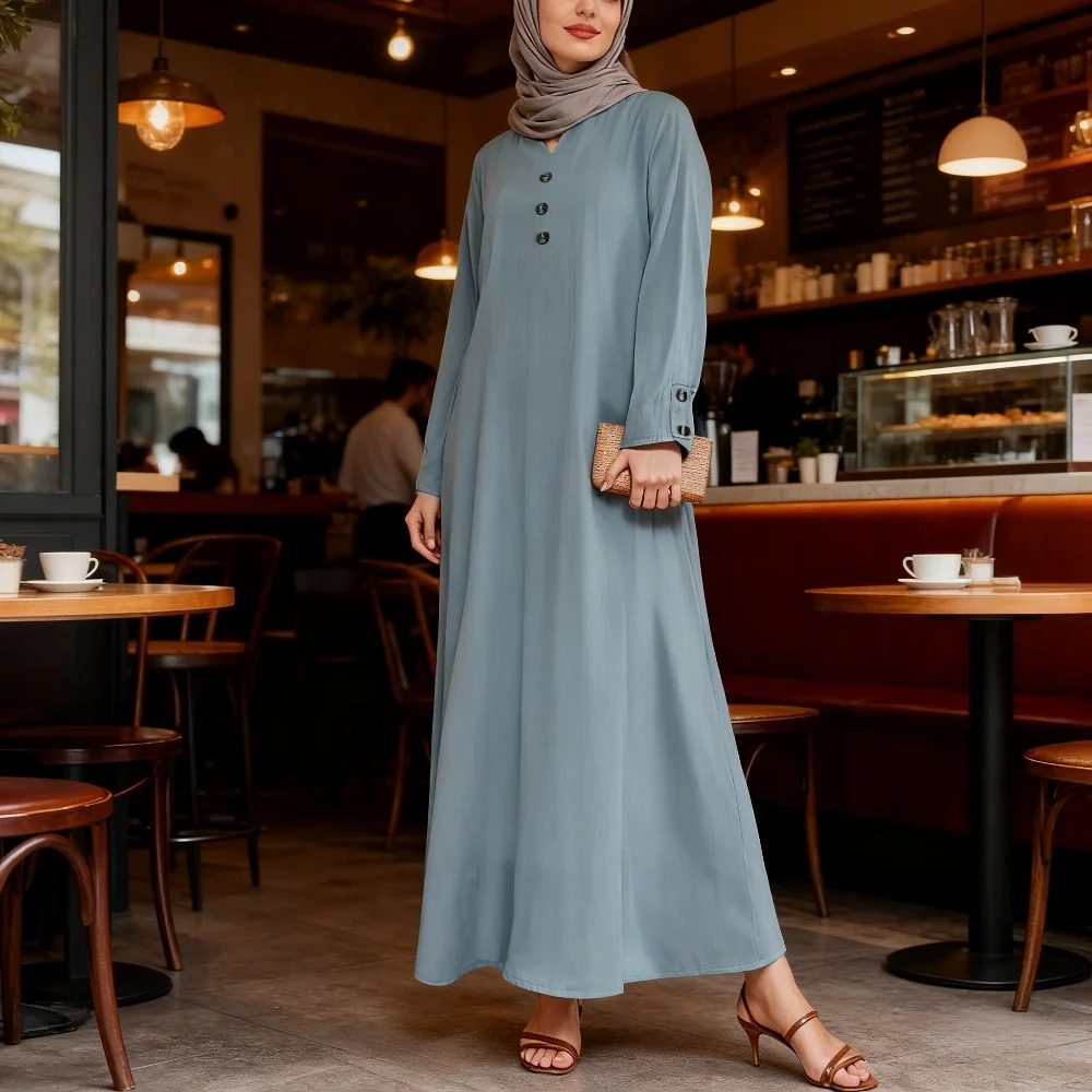 Eid Abito da donna Bottone autunnale Abaya Dubai Abiti musulmani Largos Abiti lunghi modesti Abito arabo Party Caftano Jalabiya Ramadan