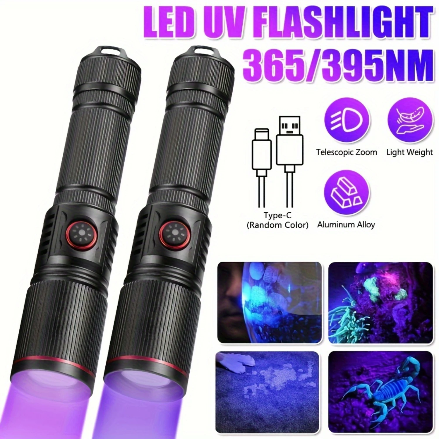 

20W Zoom High Power UV LED Light Flashlight Torch, 365nm / 395nm Type-C USB Rechargeable Powerful Ultraviolet Ink Marker Resin