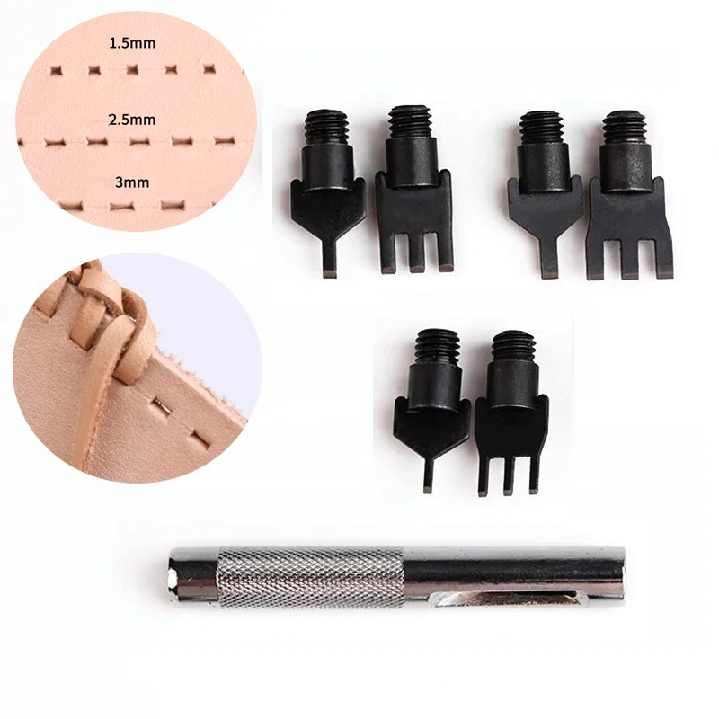 1.5mm 2.5mm 3mm Leather Flat Punch Tool Set Steel Handle Can Replacement Head Belt Hole Punching Thonging Chisel Craft Tool