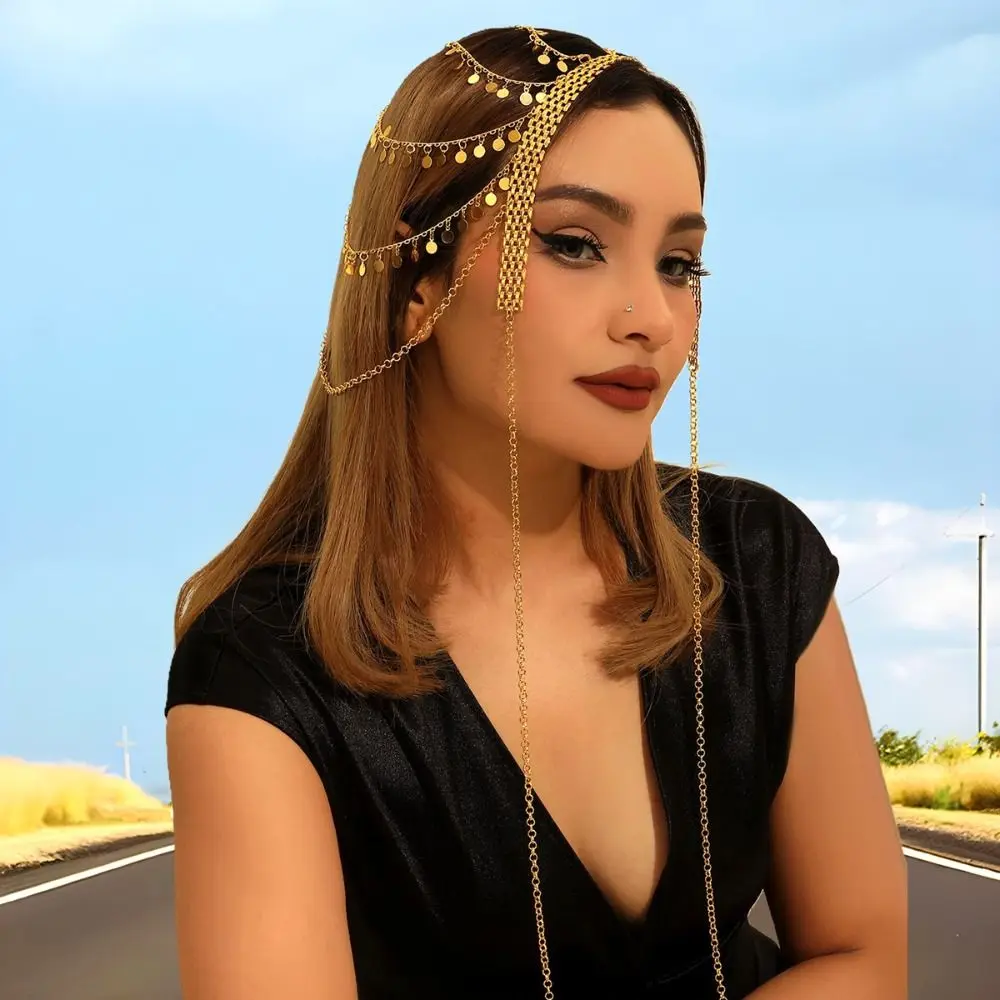 

Gold Color Hair Jewelry Multi-layer Disc Sequin Tassel Tassel Head Chain Golden Moon Coin Long Chains Bridal Headdress