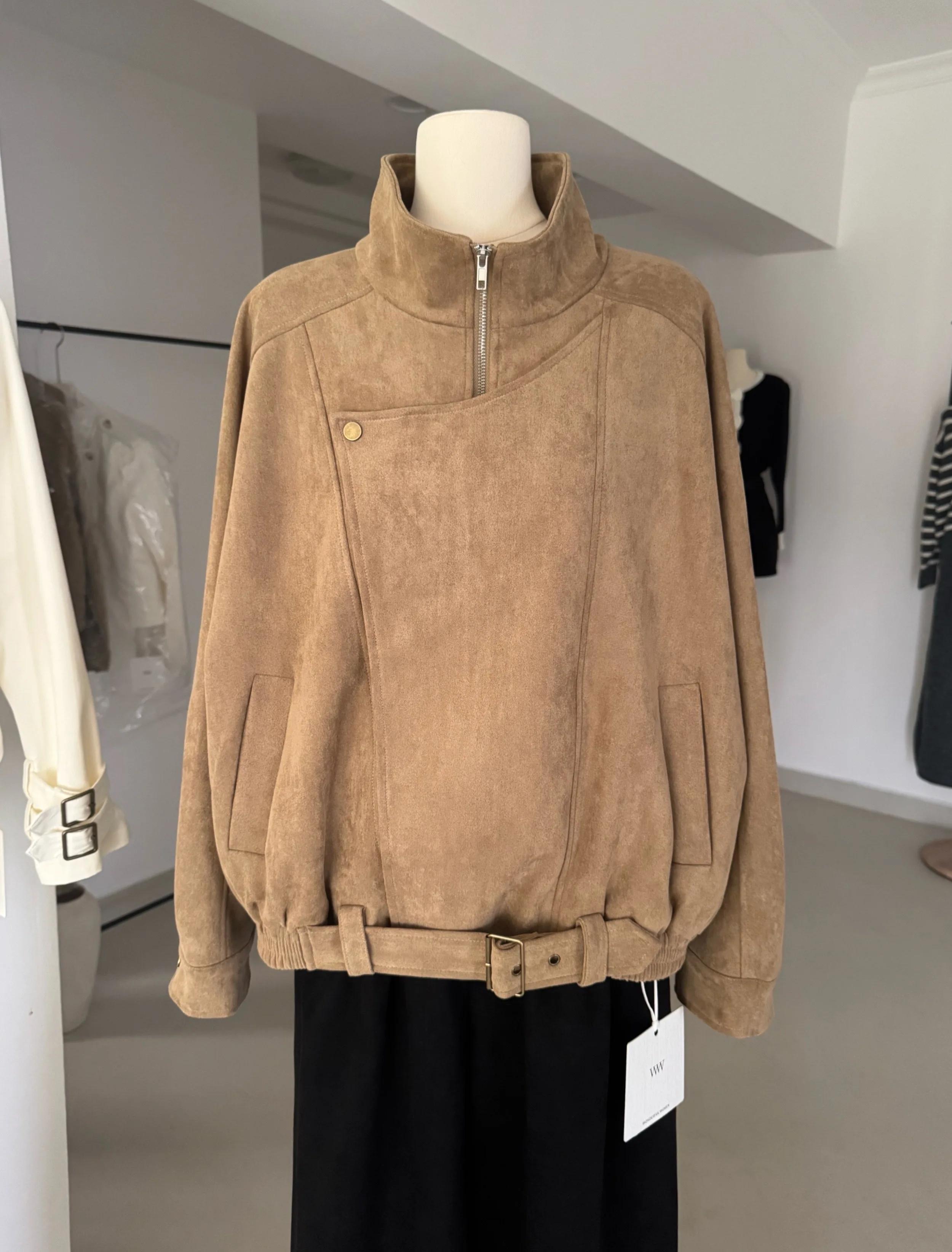 

Women's Autumn Winter Long Sleeve Loose Suede Jacket Lady Streetwear Stand Collar Zip Up Solid Color Suede Outwear Top