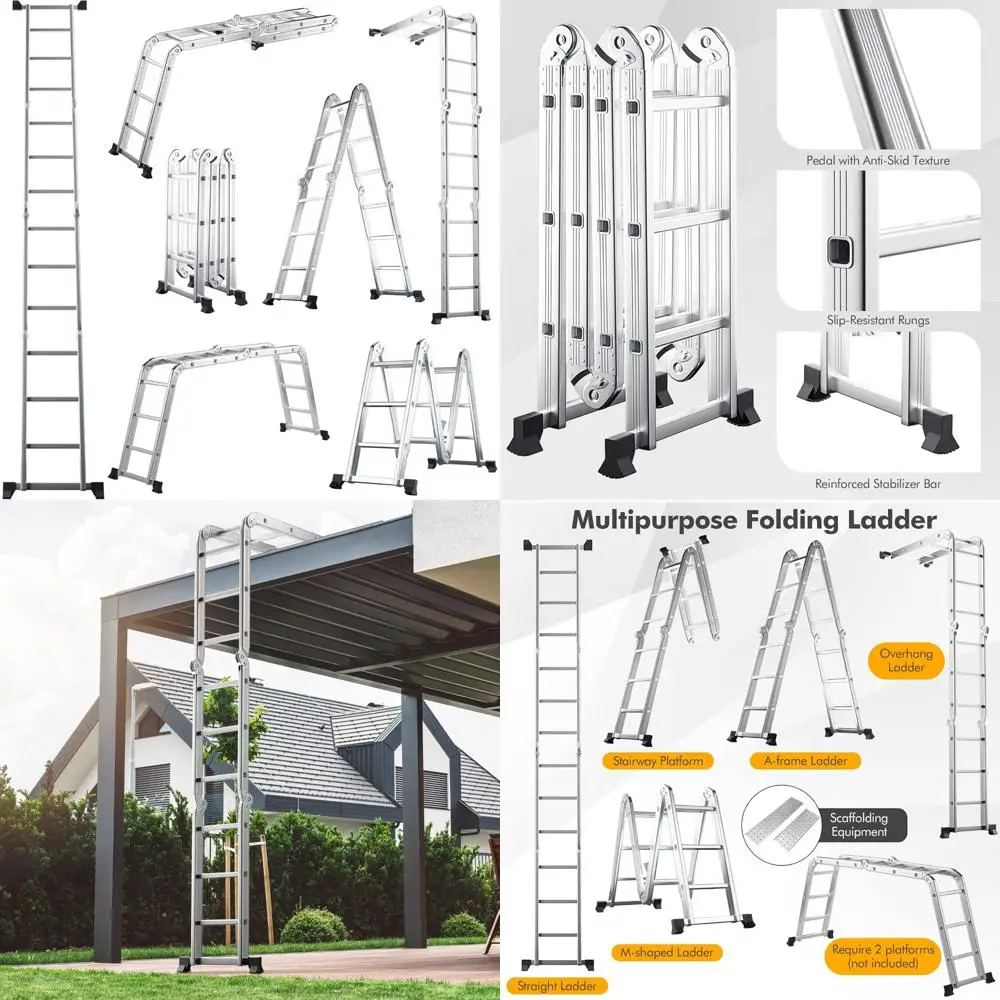 Folding Step Ladder 12.2 Feet, Multi-Position Aluminum Extension Ladder with Stabilizer and Non-Slip Feet for Versatile Use