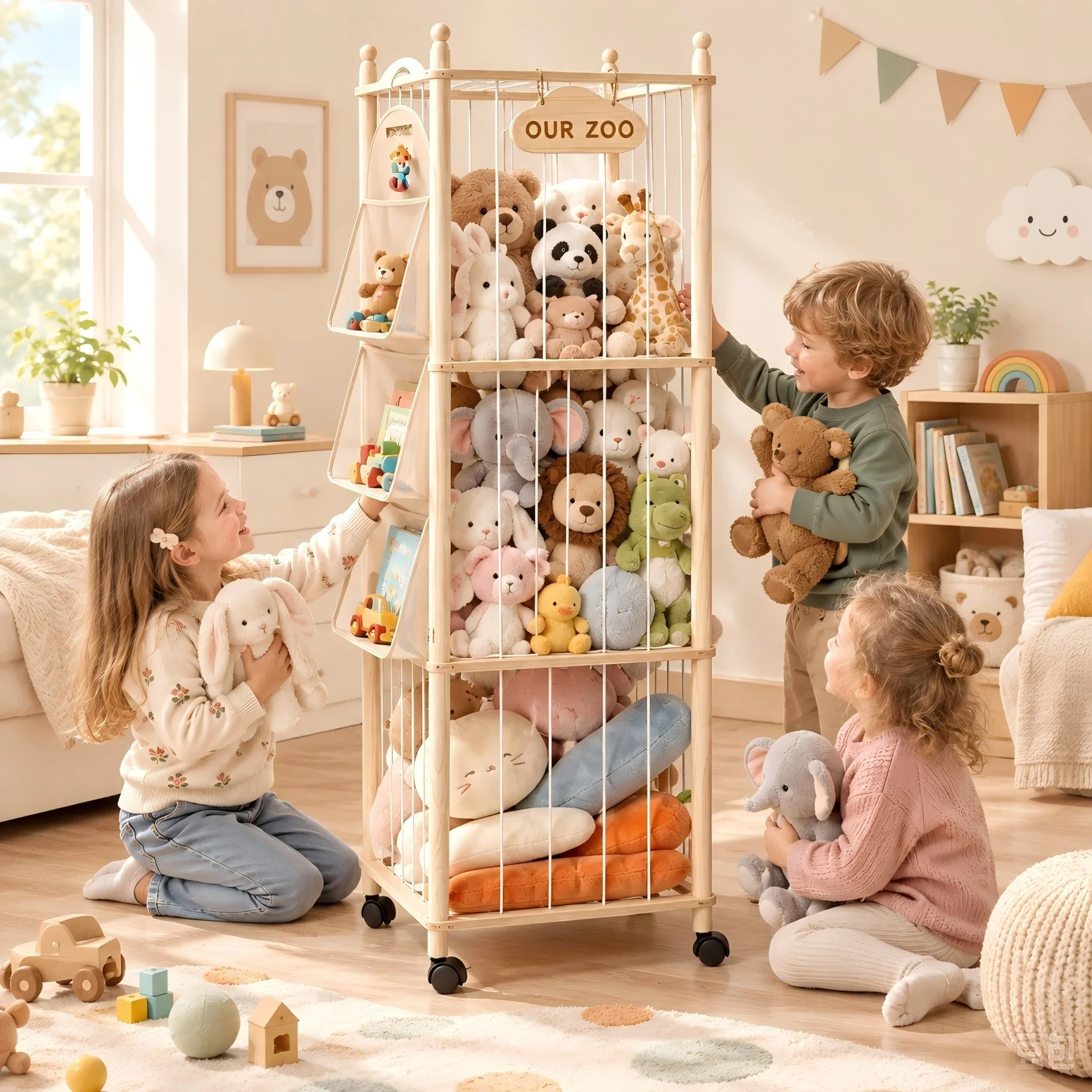 Contenitore per peluche a tema zoo, portapeluche in legno con ruote bloccabili, organizer per giocattoli 2 in 1 con grande capacità e tasca laterale a 3 livelli in rete, targhetta personalizzabile,