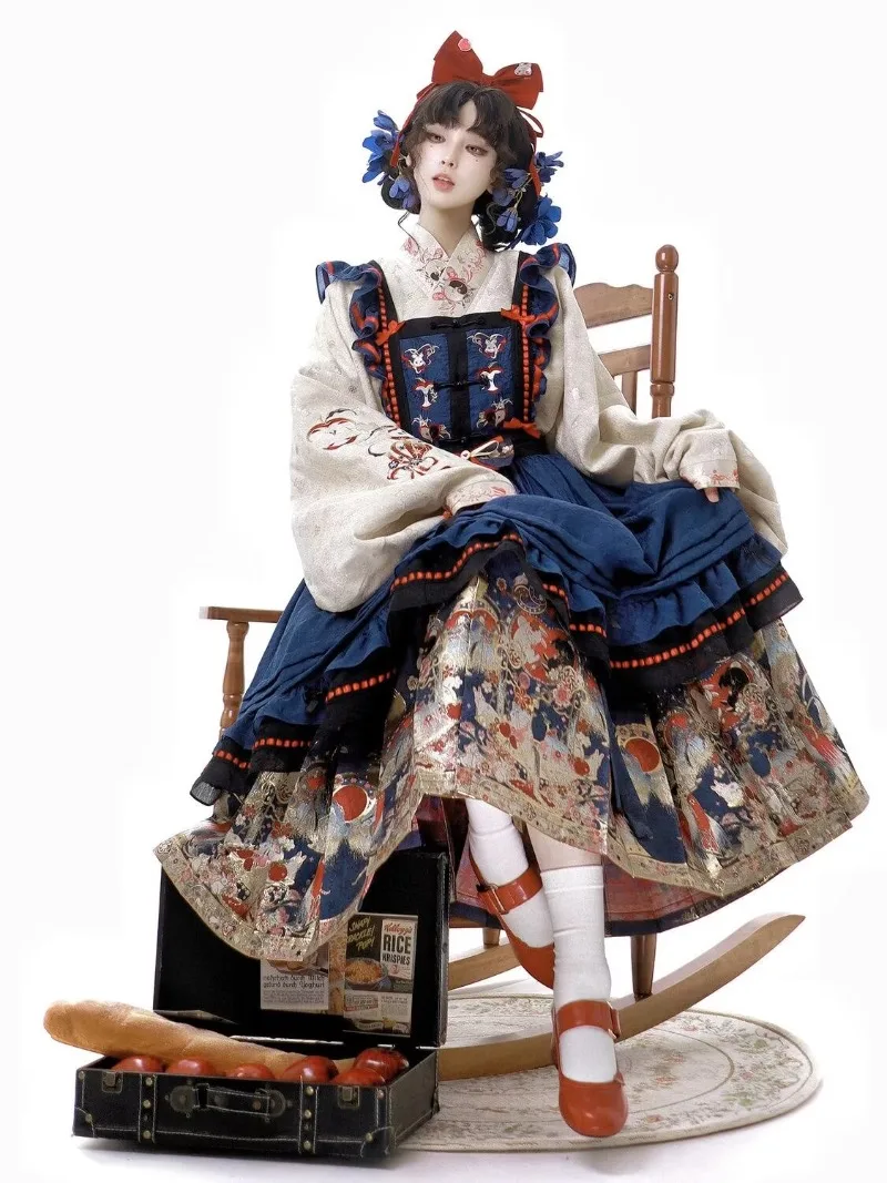 

Spring New Chinese Style Female Long-sleeved Weaving Gold Hanfu Dress Set Retro Top+Suspender Dress+Pleated Skirt 3 Piece Sets