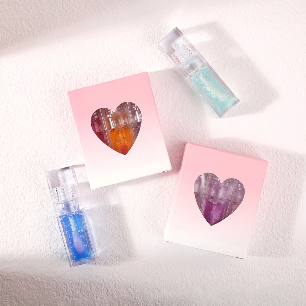 3pcs Lip Oil Kit Custom Logo Transparent Square Tube Pigment Long Lasting Color Change Makeup Private Label Heart-shaped Box