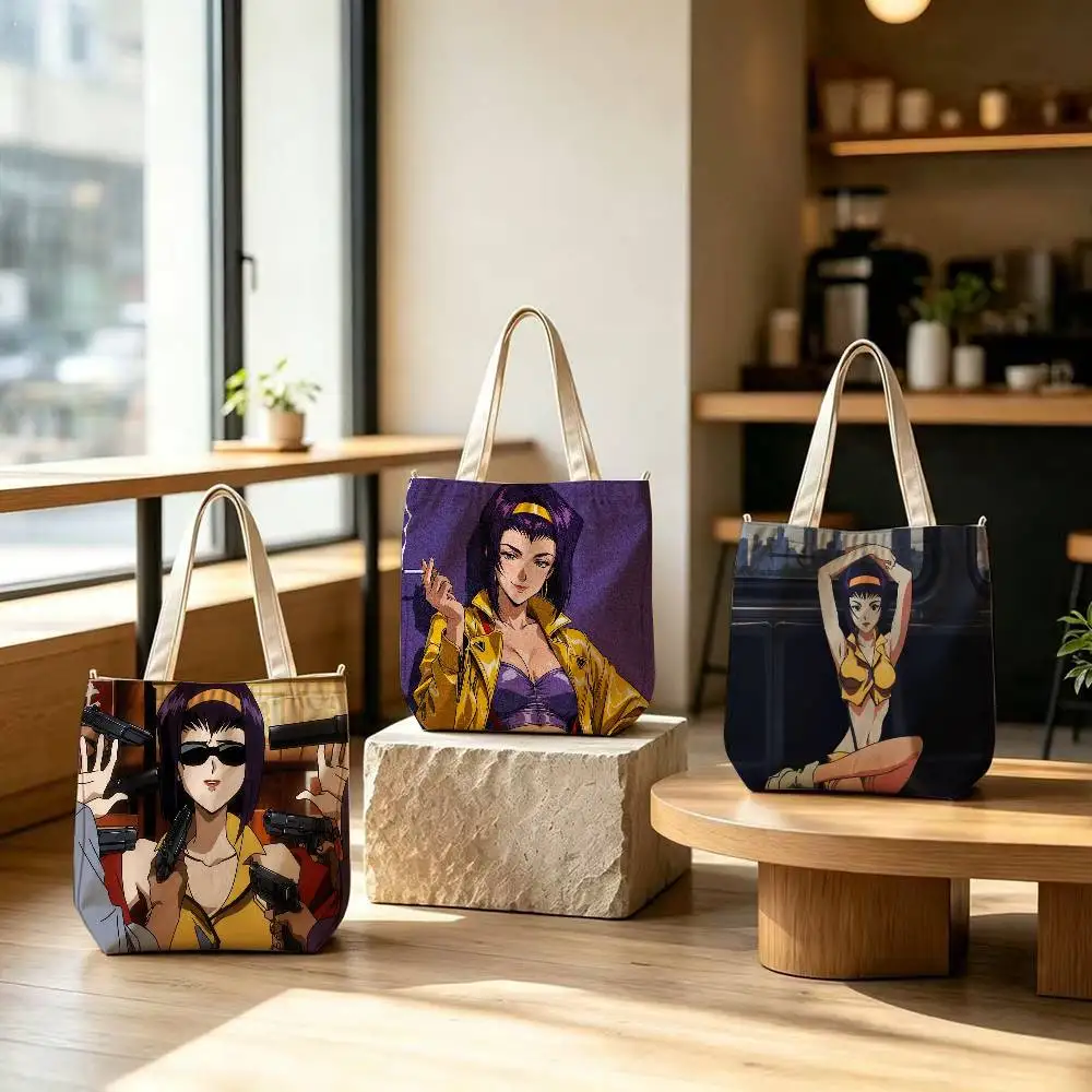 Cowboy Bebop Faye Valentine Tote Bag for Women Reusable Shopping Tote Bag Zippered Shoulder Bags Print