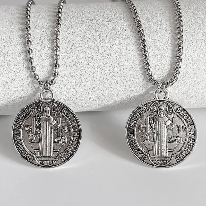 

Saint Benedict Medal Necklace Stainless Steel Chains Catholic St. Benedict Medallion Pendant Necklaces San Benito Jewelry