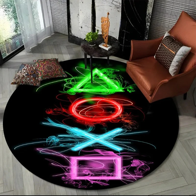 Game Controller Round Area Rug Cartoon Gamer Circle Carpet Rug for Living Room Children's Bedroom Sofa Decor Non-slip Floor Mat