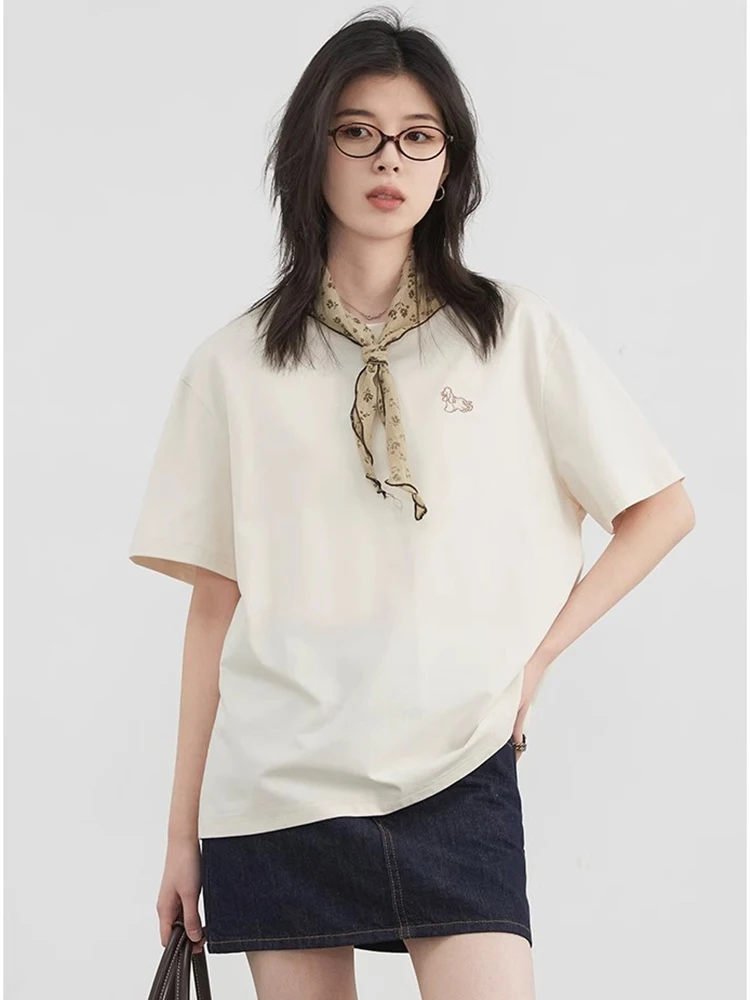 CHIC VEN 여성 티셔츠 루즈 캐주얼 뉴 라운드 넥 개 자수 반팔 기본 티셔츠 솔리드 여성 탑 여름 2025