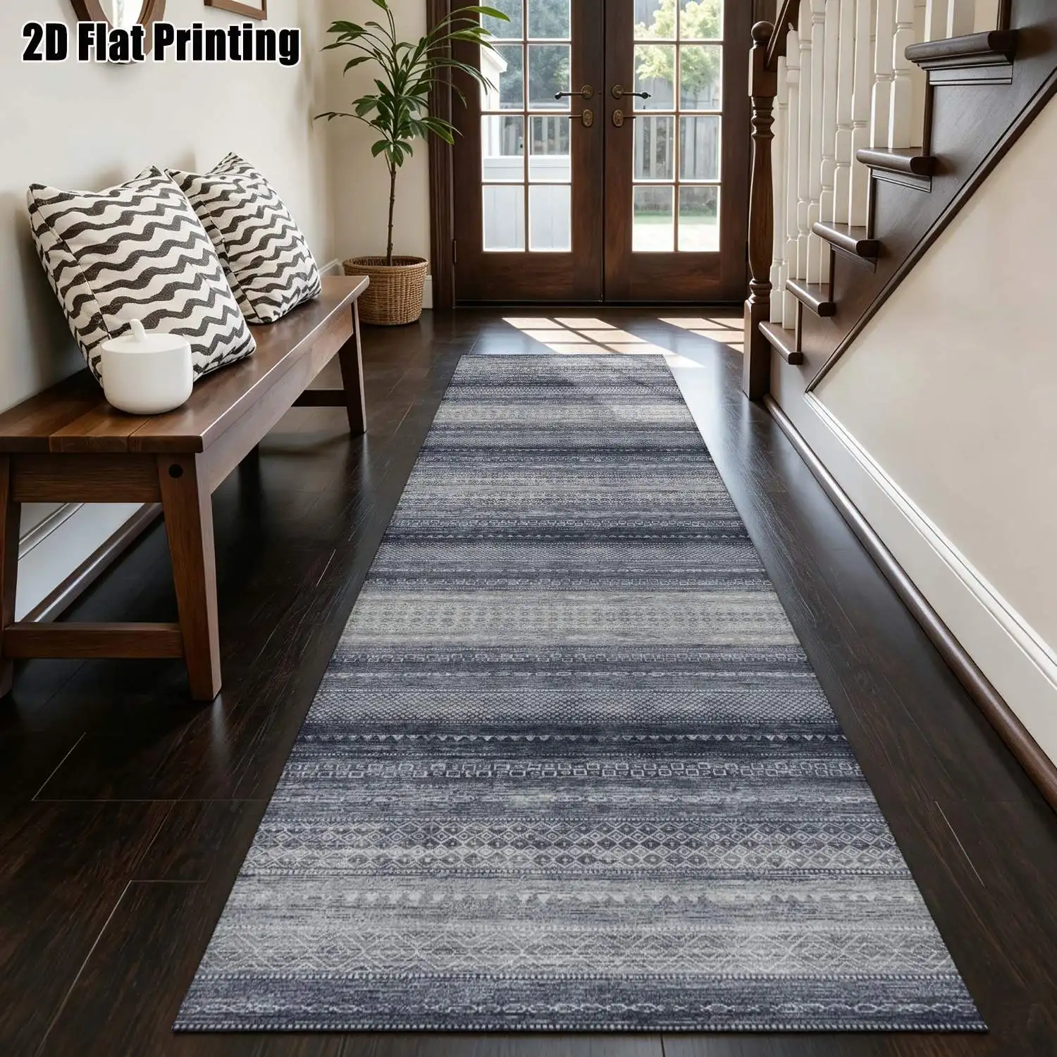 1Pc 2D Printed Blue-Grey Geometric Stripe Long Strip Runner Carpet Nordic, Modern Minimalist & European Style, Machine Washable, Multi-Size, Suitable for Entrance, Living Room, Bedroom, Kitchen Home Decor.