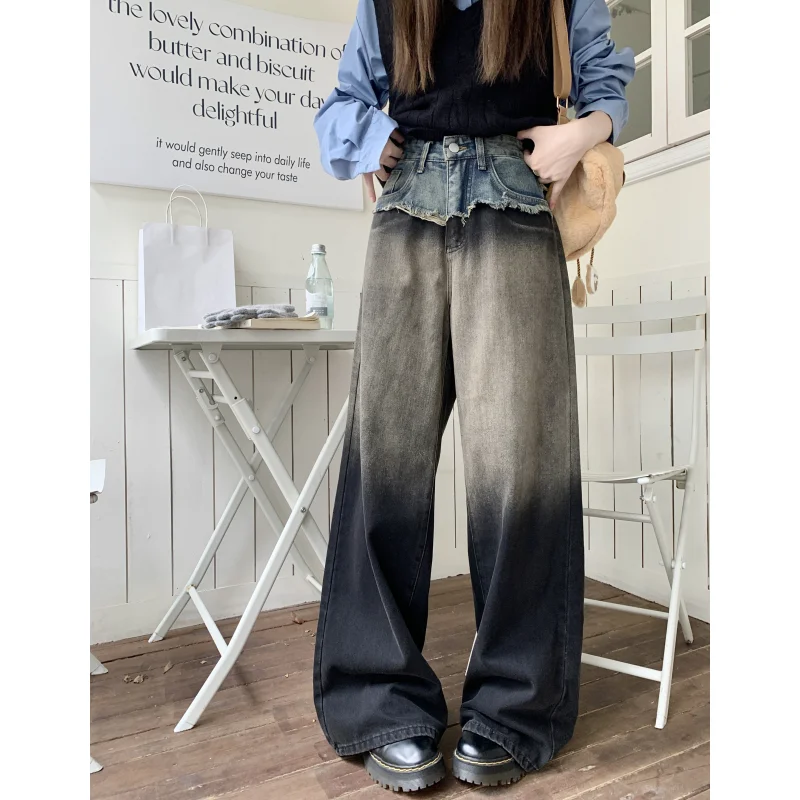 Pantalones Cargo vaqueros grises para mujer, ropa de calle de cintura alta, pantalones de pierna ancha americana, Pantalones rectos de estilo Y2K