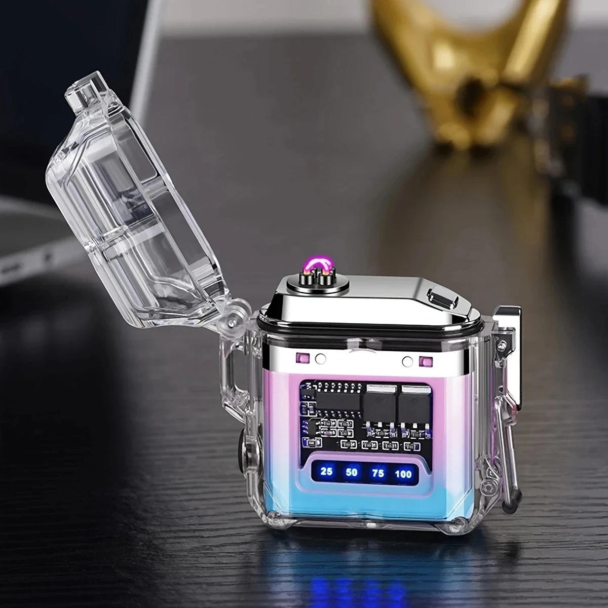 1pc Lighting Electric Lighter Outdoor Waterproof Mini Windproof Transparent Curved Design with Rechargeable Power Display Screen