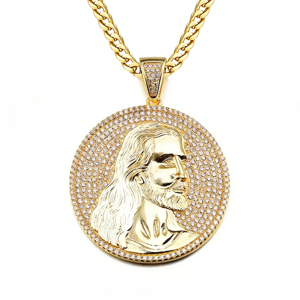 

VANAXIN круглый кулон с изображением Иисуса, мужской религиозный портрет Христа, позолоченная фигура 14 карат, вера, циркон, ювелирное изделие, подарок