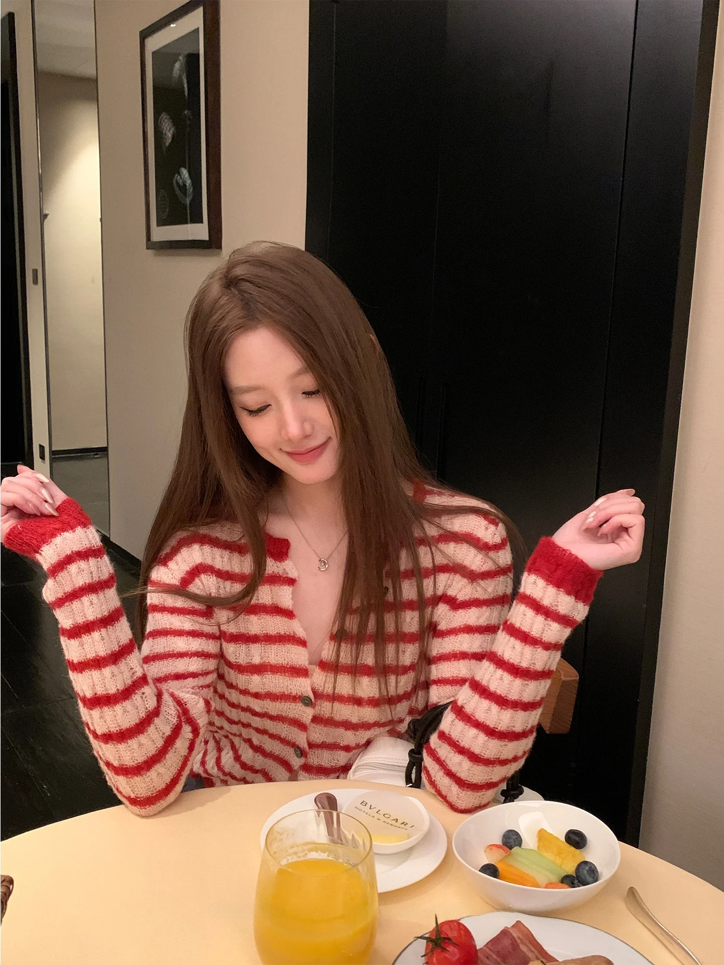 

Red Stripe Hollow out Knitted ort Cardigan Women's Spring Autumn New Sle Youthful Slimming Base Layer irt Casual Sle