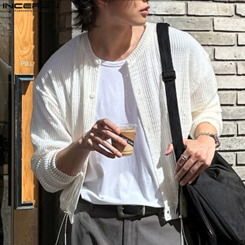 INCERUN 男性シャツ固体中空アウトシースルー長袖男性服セクシーなストリートファッションパーティーカジュアルトップス男性シャツ