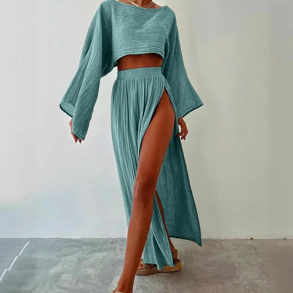 Casual Solid Cotton Linen 2 Piece Sets Spring O Neck Crop Top High Waist Slit Women Skirt Outfit Summer Flare Sleeve Hollow Suit