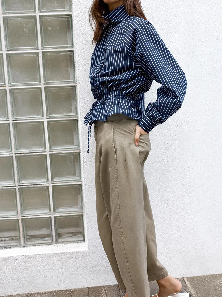 New Arrival Women's Long Sleeve Shirt Jacket Striped Stand Collar Adjustable Hem Autumn 2026 Fashion European Style Ladies' P...