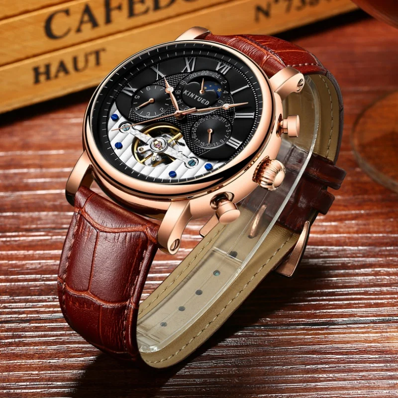 Free ShippingKINYUEDSwiss High-End 's Automatic Multi-Functional Men's Leather Mechanical Watch