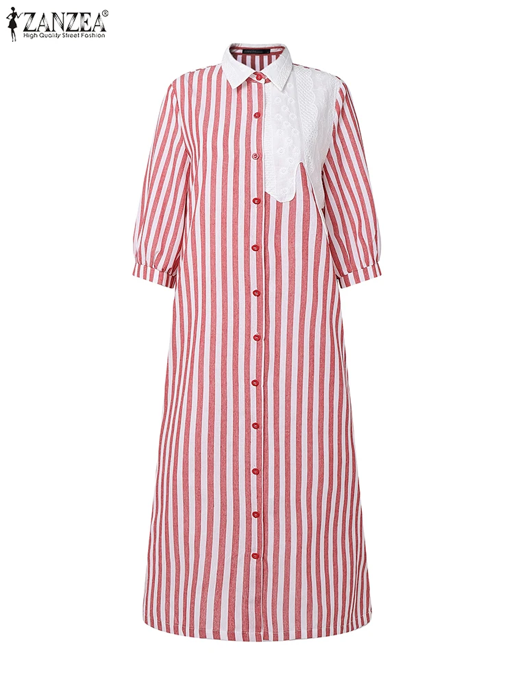 2025ZANZEA Mode Herbst Hemd Kleid Frauen Elegante 3/4 Hülse Gestreiften Arbeit Kleider Büro Tragen Sommerkleid Patchwork Vestidos Robe