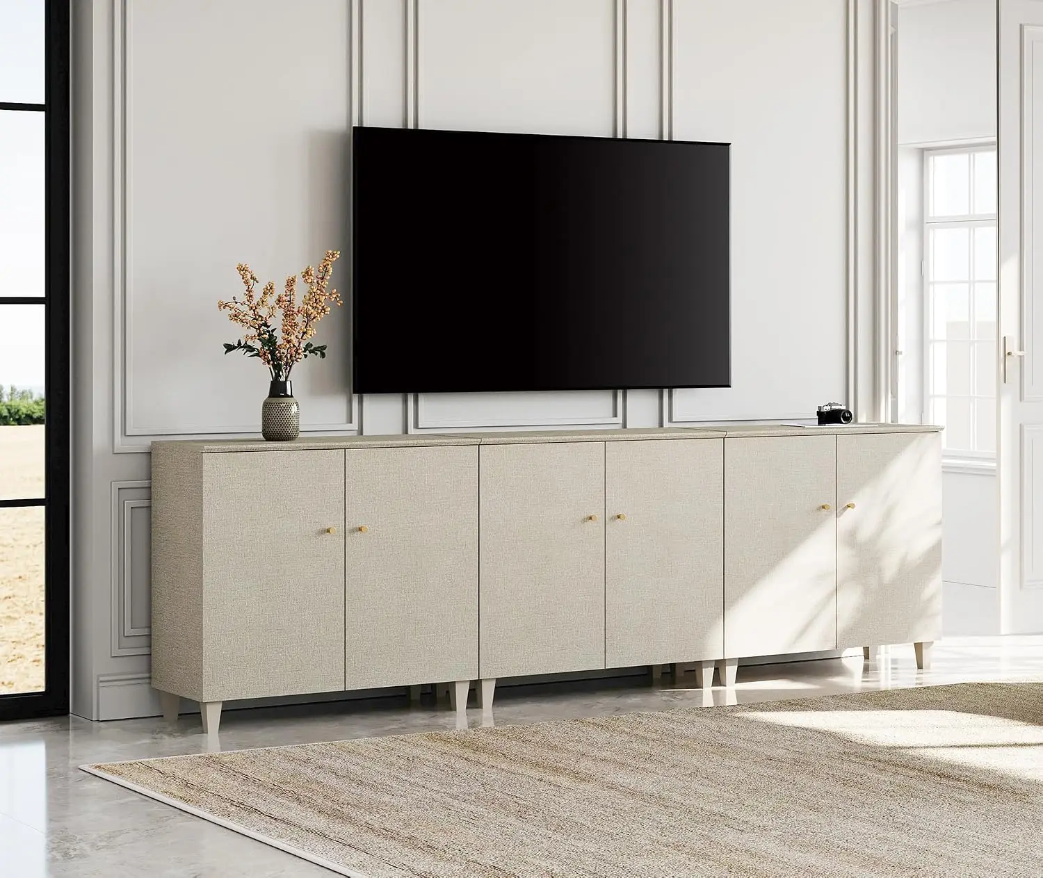 Modern Wood TV Stand Cabinet For 85+ Inch TV, Beige Linen, Customized