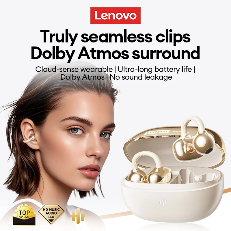 Lenovo RS103 Clip-On Wireless Earbuds Bluetooth 6.0 Open-Ear Sports TWS Headphones Noise Cancelling Waterproof Long Battery Life