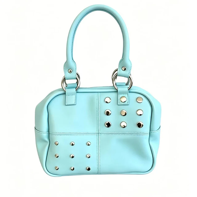 

2026 Summer New Korean Rivet Shoulder Bag Women Cute Sky Blue Macaron Pu Leather Handbag Elegant Top Handle Tote Daily Purse