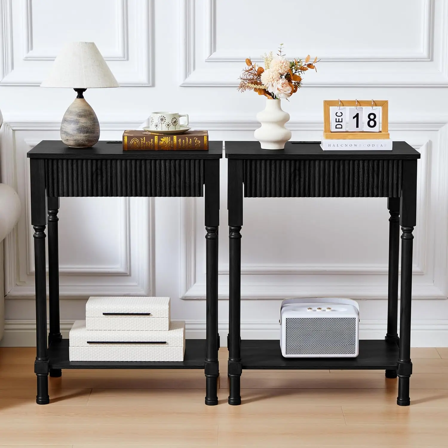 

Комплект прикроватных тумбочек с рифленой отделкой и выдвижным ящиком для зарядки, 23,6 дюйма, деревянный, для спальни, гостиной, офиса, на заказ