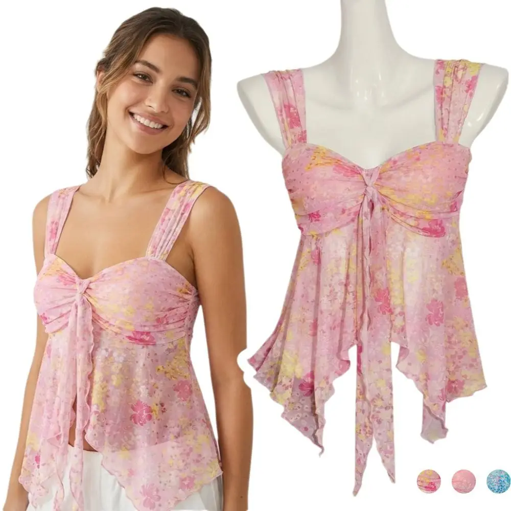 Trendy V-neck Halter Cami Top Asymmetrical Hem Sheer Overlay Off Shoulder Top Bodycon Fit Printed Mesh Crop Tops Casual Wear