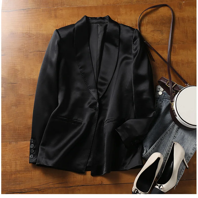 Black Satin Fashion Women's Suit Coat Vintage 2023 Autumn Winter Blazer Korean One Button Commuter Office Lady Outwear Top Q671