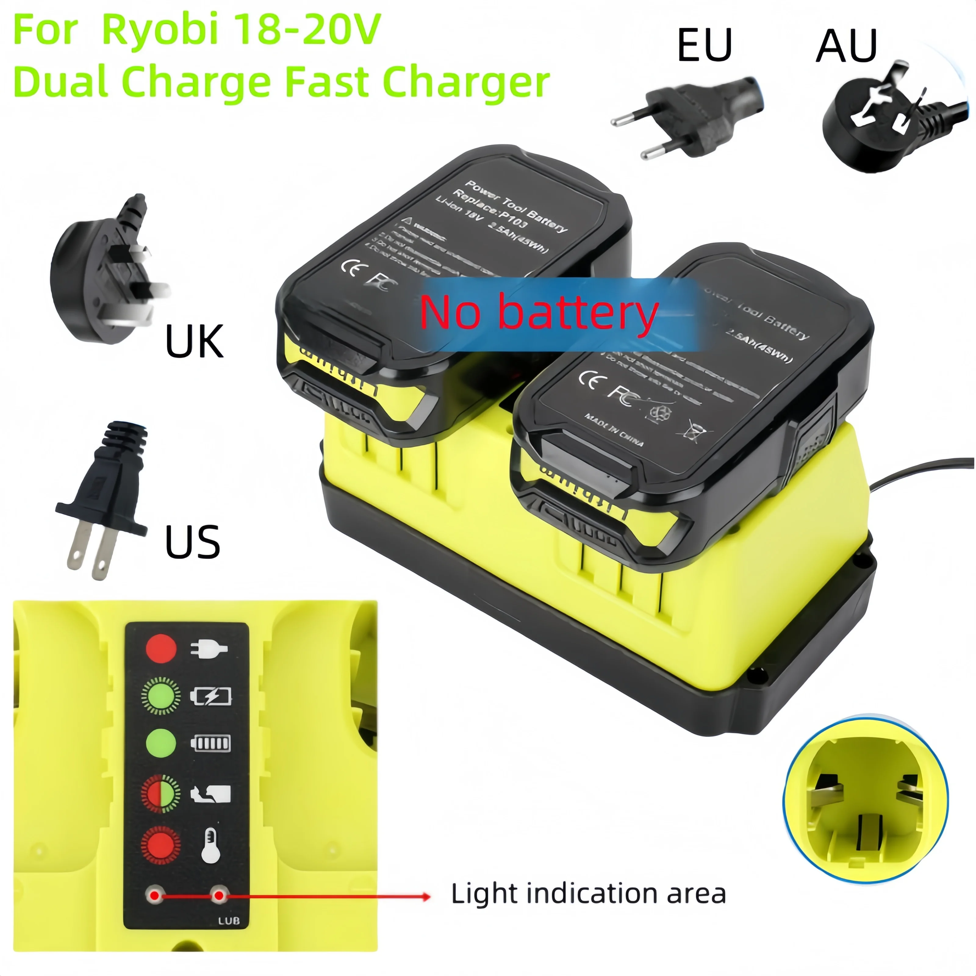

90W New Portable Dual Charge Fast Charger for Ryobi 18V-20V Lithium Batteries with Smart LED Indicator for P120 P170 P180 P190