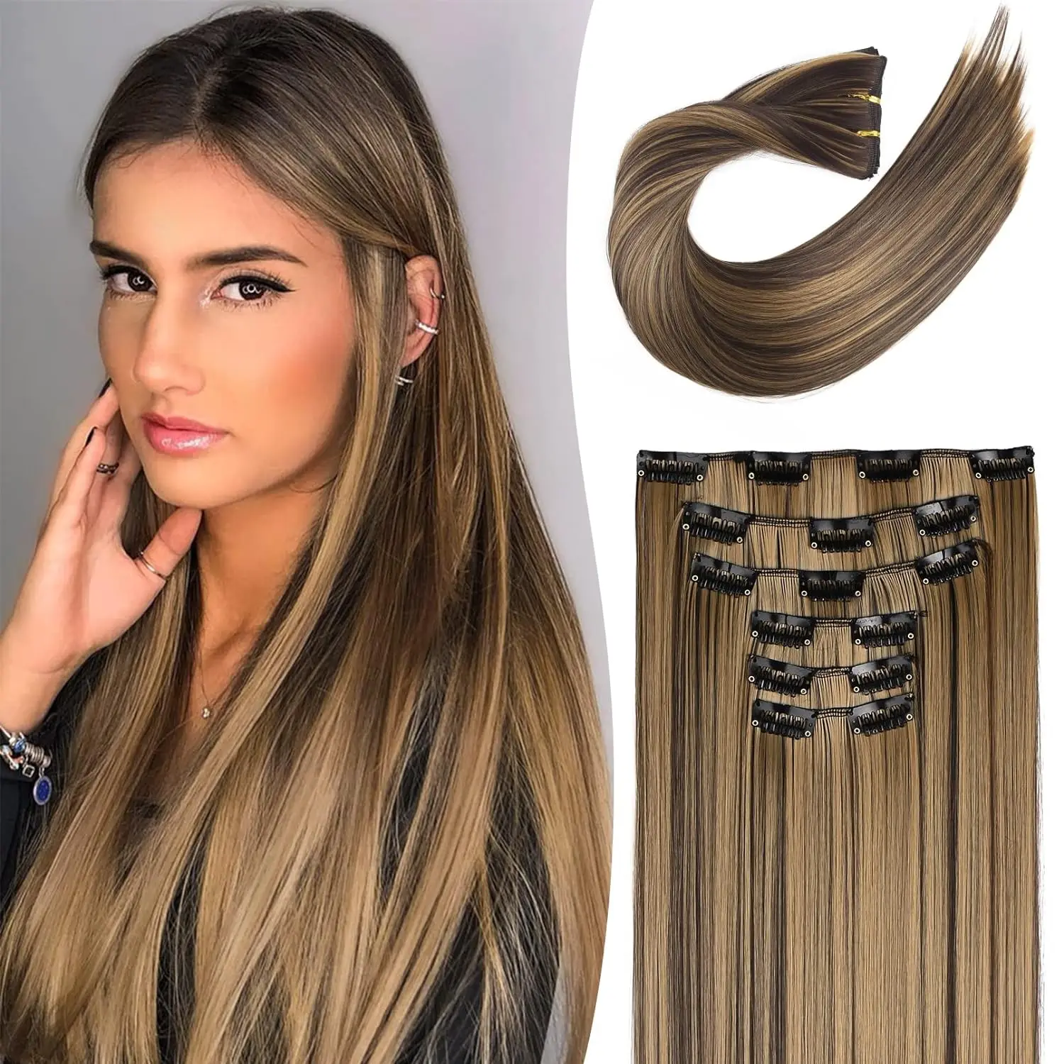 16 Clips In Hair Extensions Long Straight Hairstyle Blonde 60CM Natural Synthetic Hair Daily Use Hairpiece For Women