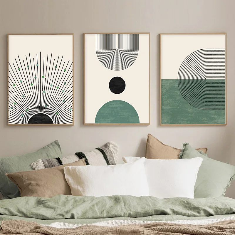 Abstract Bohemian Green Minimalist Wall Art Canvas Painting Nordic Color Blocks Light Print Poster Bedroom Home Decoration