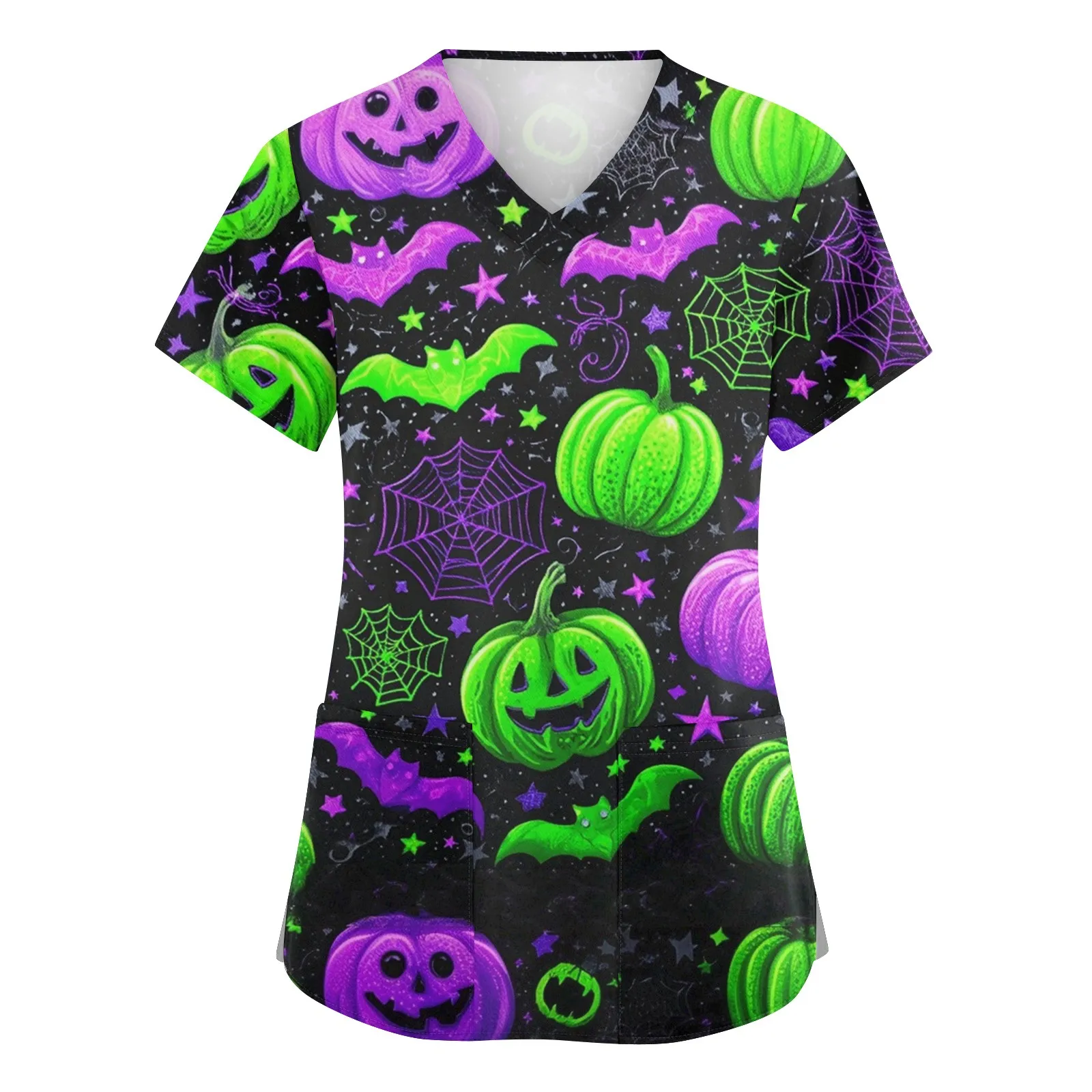 

Women's Medical Uniforms Halloween Print Dental Surgical Uniforms V Neck Short Sleeve Black Scrubs Medical Uniform for Women