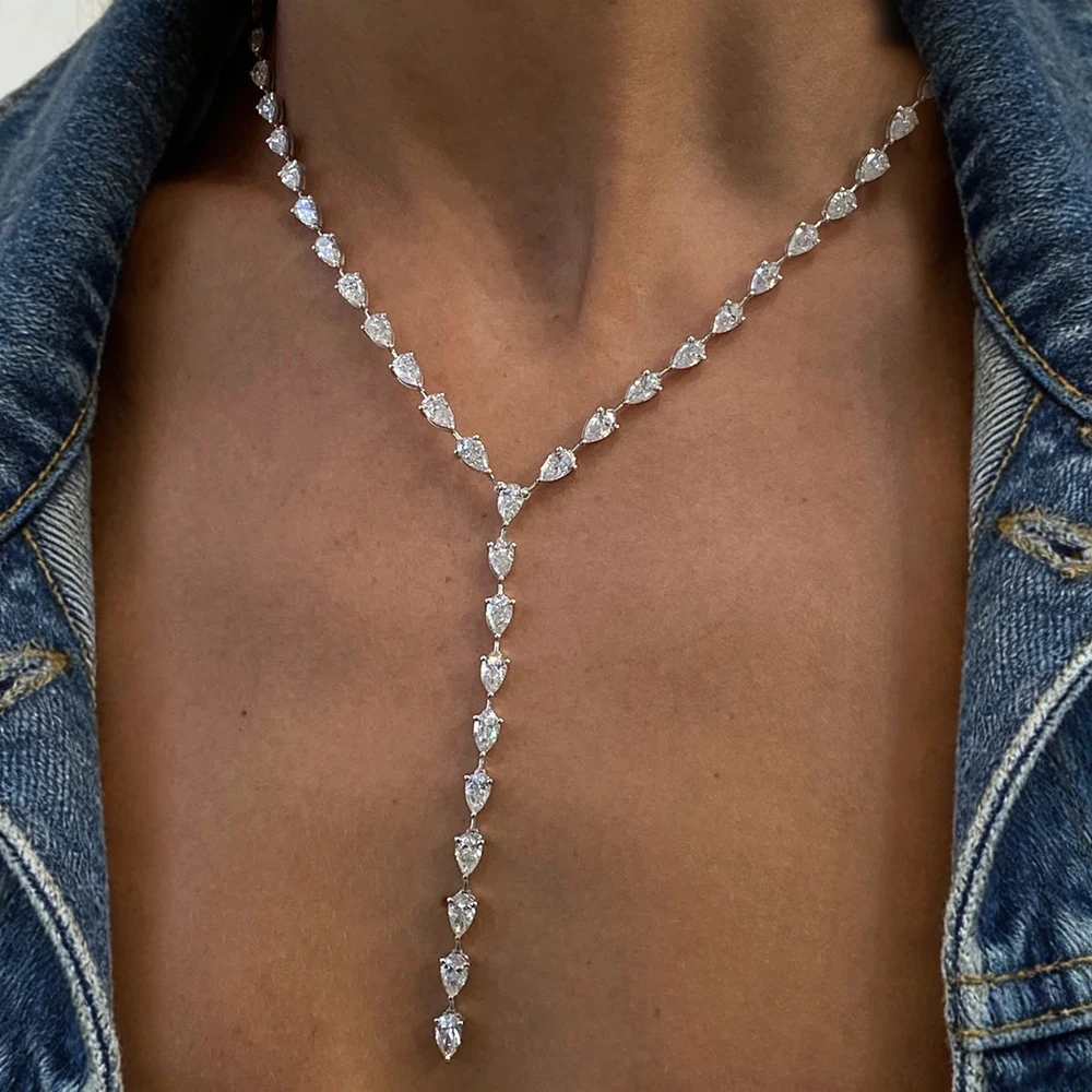 Y-Shape Waterdrop Moissanite Tennis Necklace for Women 0.5CT S925 Silver Pear Cut Diamond Long Tassel Bridal Riviera Necklaces