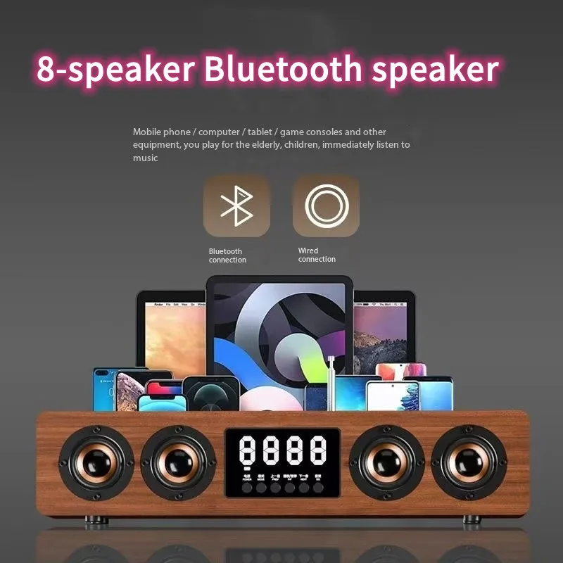 Alarm Clock Multi-function Wooden Wireless Bluetooth Speaker Subwoofer TV Soundbar Home Theater Column for Computer Speakers FM