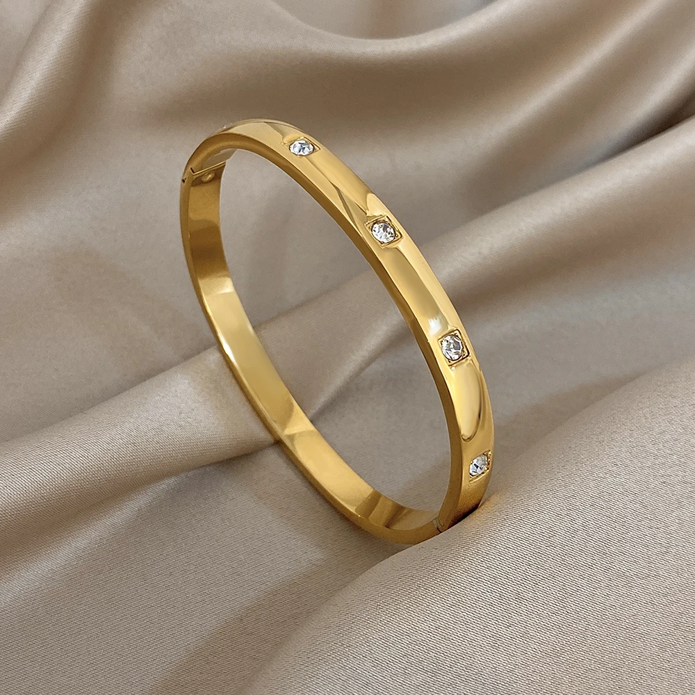 

Minimalist Smooth Surface Gold Color Stainless Steel Bangle Bracelet Women Classic Rhinestone Round Open Spring Bangle Jewelry