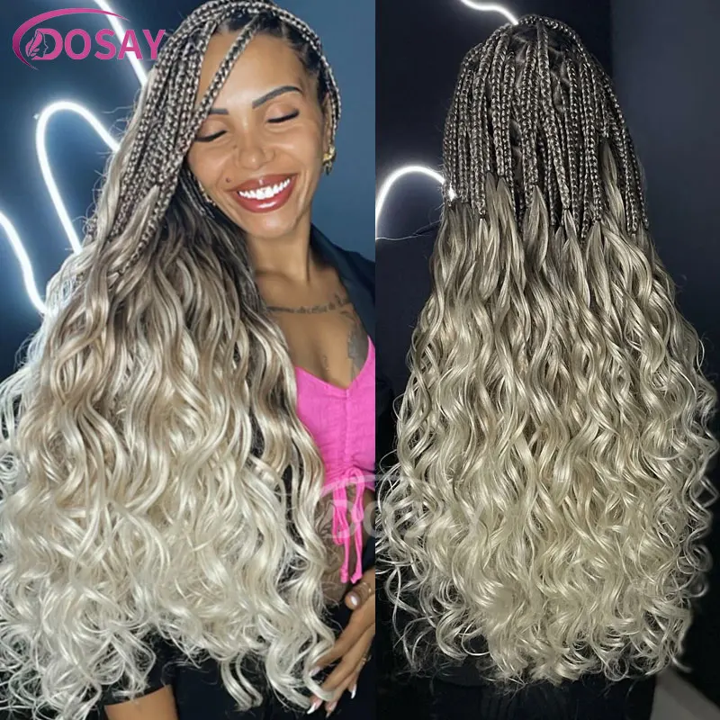 Peluca trenzada de caja sintética de colores, extremos ondulados, encaje completo, cabello Afro trenzado, peluca trenzada Jumbo sin nudos, trenzas de caja de aciano, Mujeres