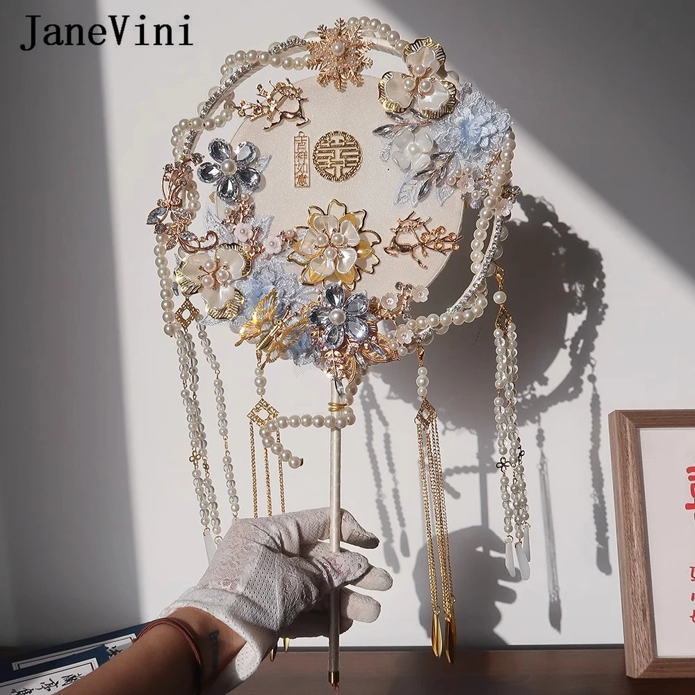 JaneVini Luxury Chinese Style Bridal Hand Fans for Weddings Blue Lace Pearl Flowers Crystal Bride Wedding Hanfu Fan Bouquets