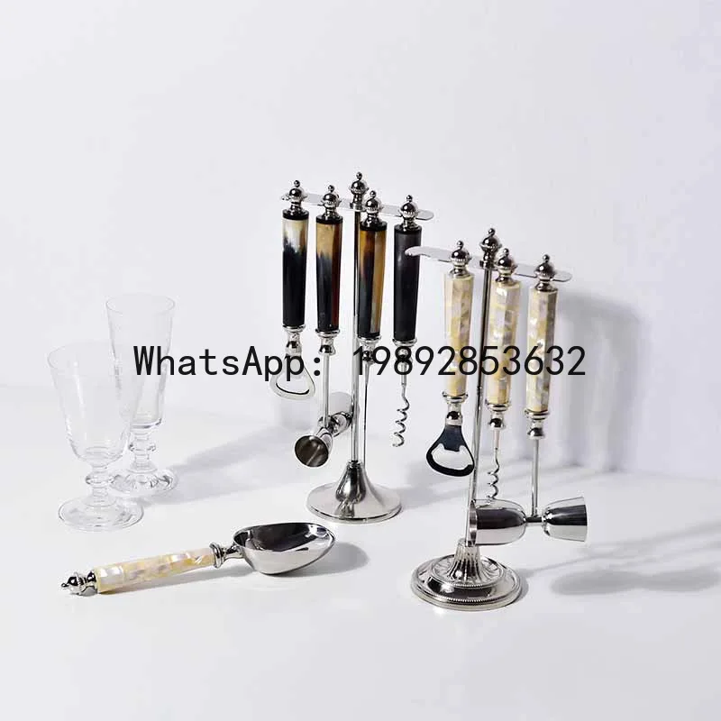 Bison bone wine tool set - corkscrew with abalone shell detailing - decorative bottle opener