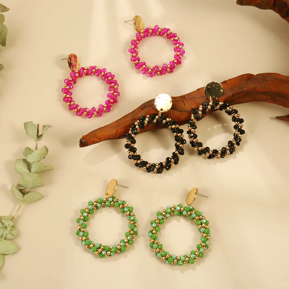 

ZGMXR Rice bead earrings Circle Crystal Bohemia Twisting Colorful Hand weaving Alloy Woman Fashion Simple Beaded earrings