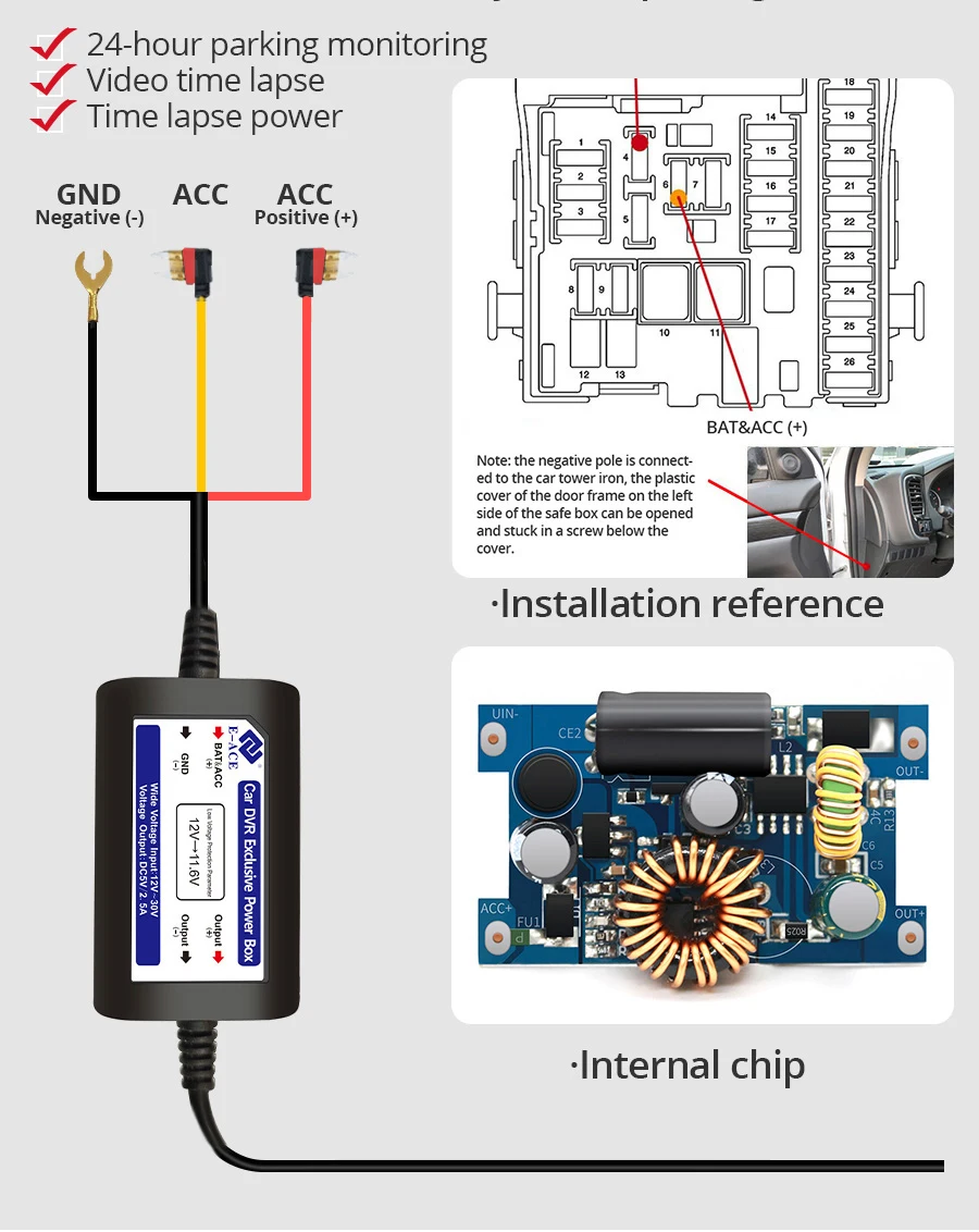 E-ACE 3.5 Meters Surveillance Hidden Wiring Three Wires 5V/2.5A For CAR DVR Mini Or TYPE-C USB Car Charger 24H Parking Monitor image 2