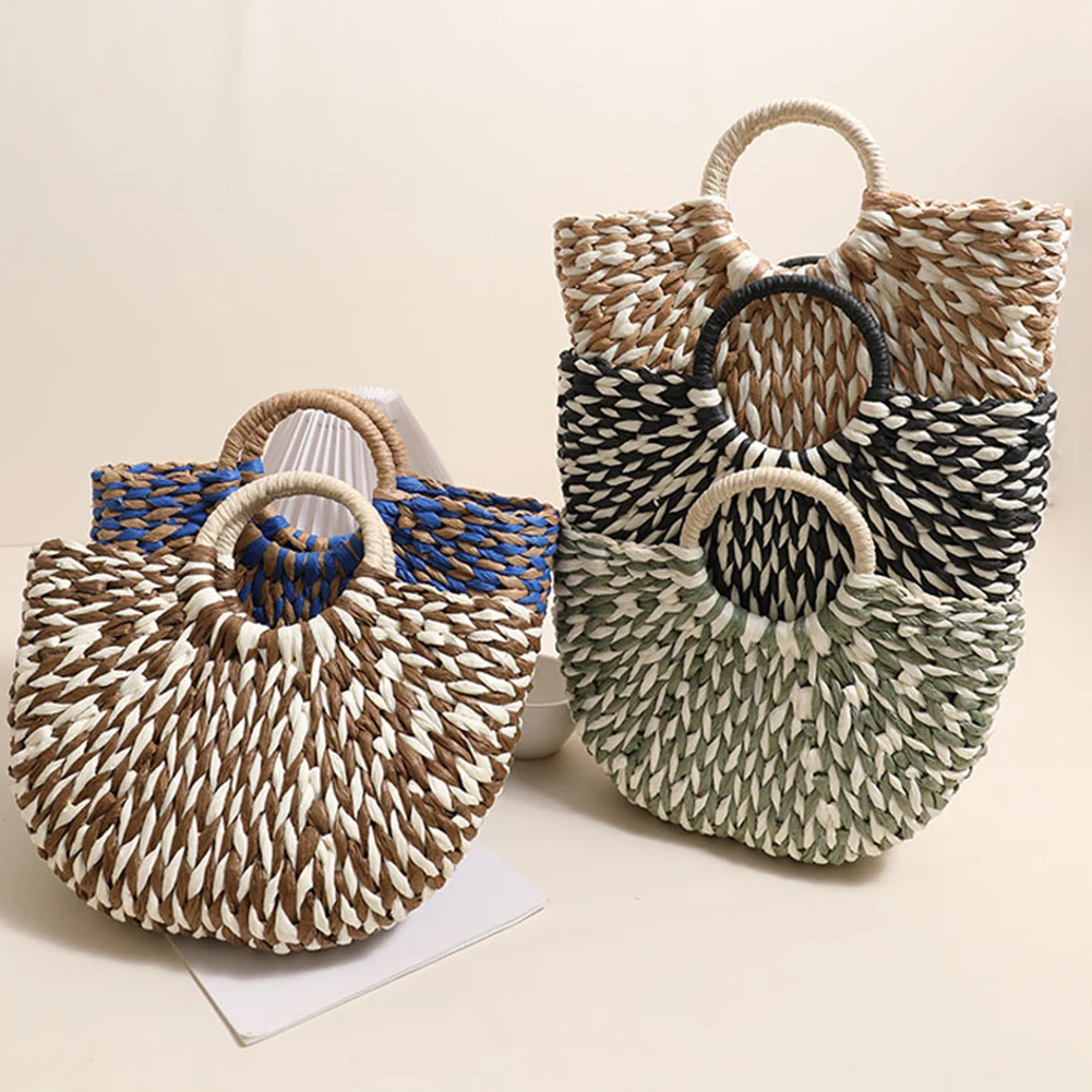 

Women Hand-Woven Purse Large Capacity Casual Travel Tote Bag Color Clash Semicircle Weaving Bag Female Leisure Bag