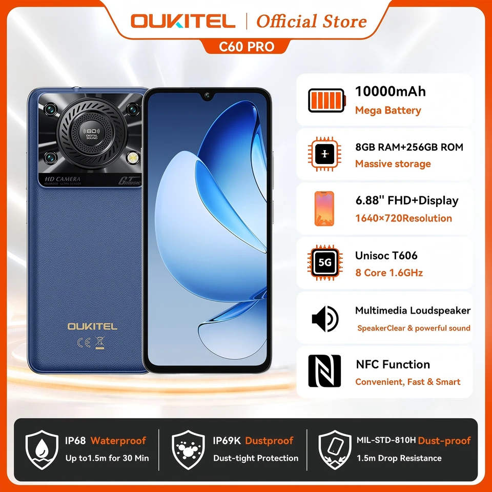 Oukitel C60 PRO smartphone 10000mAh Battery 24GB+256GB 6.88
