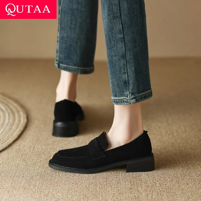 QUTAA 2023 Spring Summer Working Casual Women Pumps Classic Med Heels Genuine Leather Shoes Woman Retro Style Size 34-42