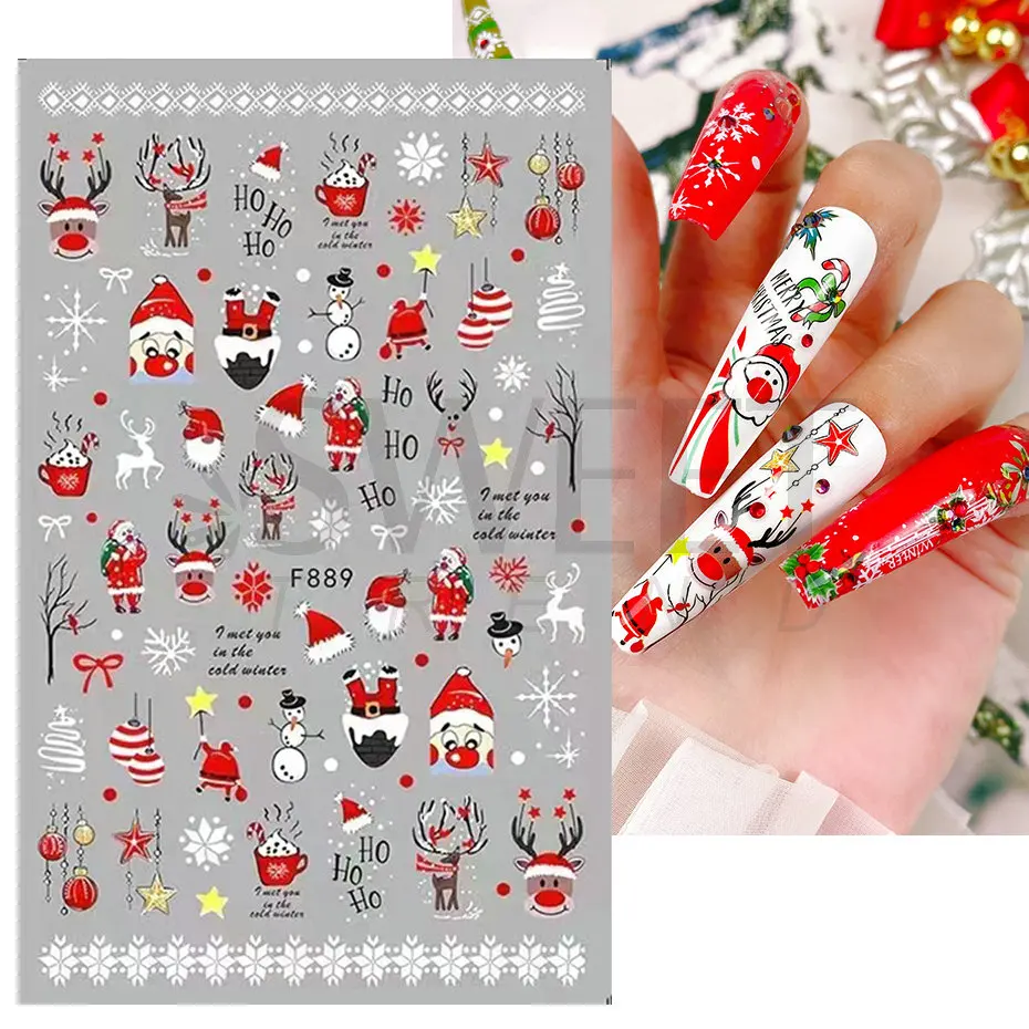 3D-Weihnachts-Nagelkunst-Aufkleber, roter Weihnachtsmann, Schneeflocke, Elch, Pinguin, Stechpalme, 2022, Winter-Aufkleber, Schieber, Neujahr, Maniküre, Dekoration, BEF 889