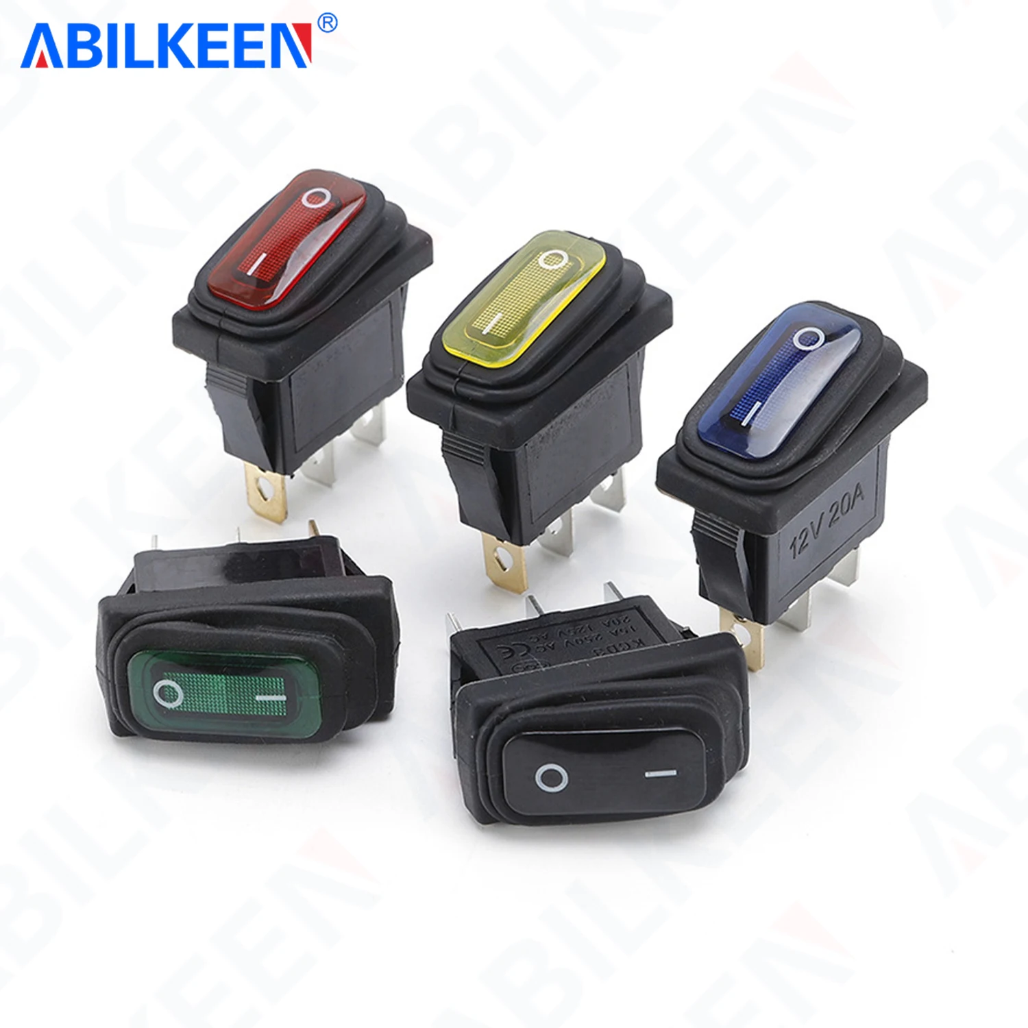 50PCS/LOT ABILKEEN KCD3-101NW-5 3Pin SPST Rocker Switch ON-OFF Latching IP65 Waterproof Rocker Toggle Switch with LED Light 16A